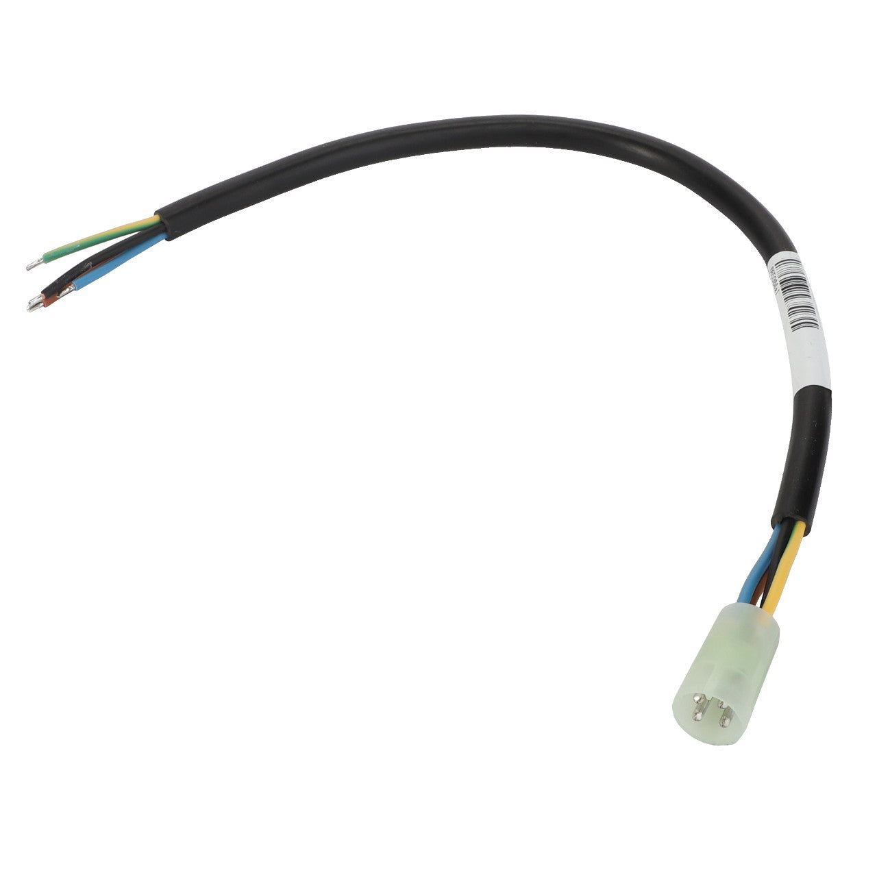 The AGCO | Harness - La322080600 is a black electrical cable that has a three-pin connector at one end and three exposed wires (black, yellow-green, and blue) at the other. The cable also features a white label near the connector.