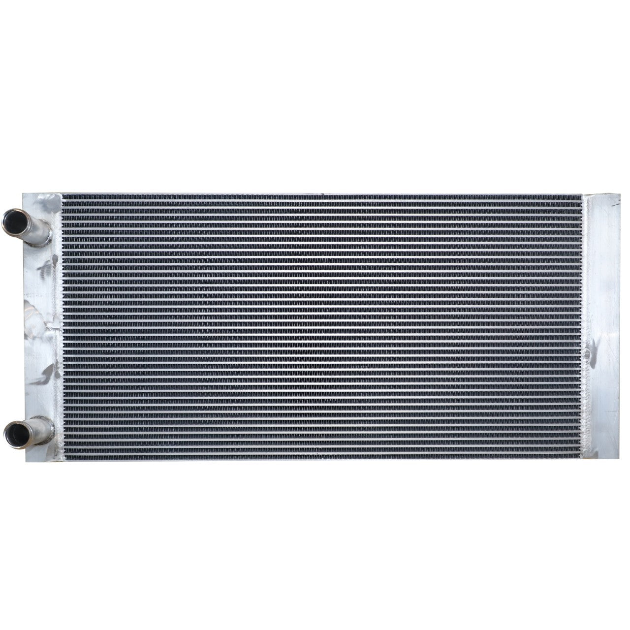 The AGCO Water Cooler - Acw0485640 is a horizontal metal radiator featuring two inlet/outlet pipes on the left side and thin, evenly-spaced fins running along its length. Currently, no product description information is available for this model.