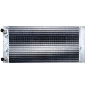 The AGCO Water Cooler - Acw0485640 is a horizontal metal radiator featuring two inlet/outlet pipes on the left side and thin, evenly-spaced fins running along its length. Currently, no product description information is available for this model.