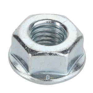 Close-up image of the AGCO Nut - Acp0281330, a metallic hex nut with a threaded circular hole, designed for fastening onto a bolt.