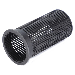 A cylindrical black mesh filter, identified as the AGCO Hydraulic Filter Cartridge - 4236586M1, lies on its side against a white background. The filter features a wide opening and is covered with a consistent grid pattern designed to ensure protection for hydraulic components in Massey Ferguson models.