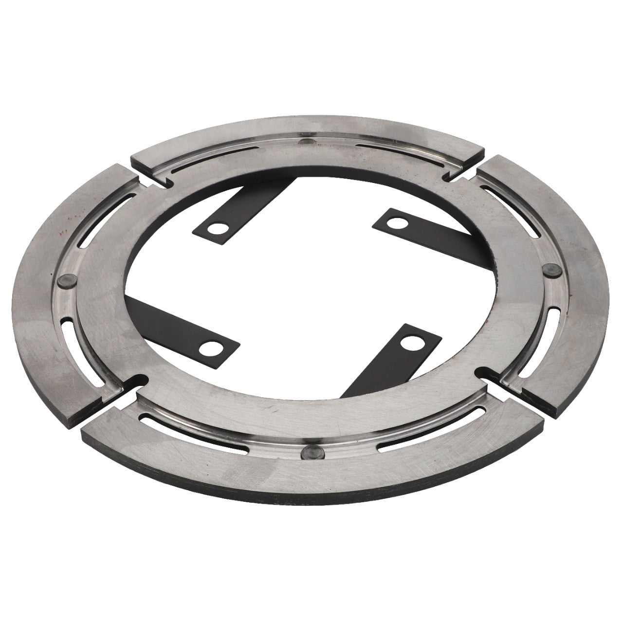 The AGCO Armature - Acw1716010 is a circular metal component featuring four black mounting brackets and multiple evenly spaced radial slots around the outer edge. No current product description information is available.