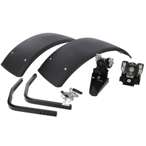 Motorcycle fender set with mounting brackets and hardware against a white background, featuring the AGCO Front Mudguard Kit - Acw090169A by AGCO.