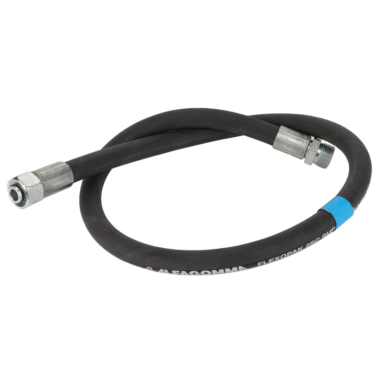 The AGCO Hose - Acw3126910 is a black flexible hose with metal fittings on both ends, featuring a distinctive blue band and labeling along its length. Note: No current product description information is available for this item.