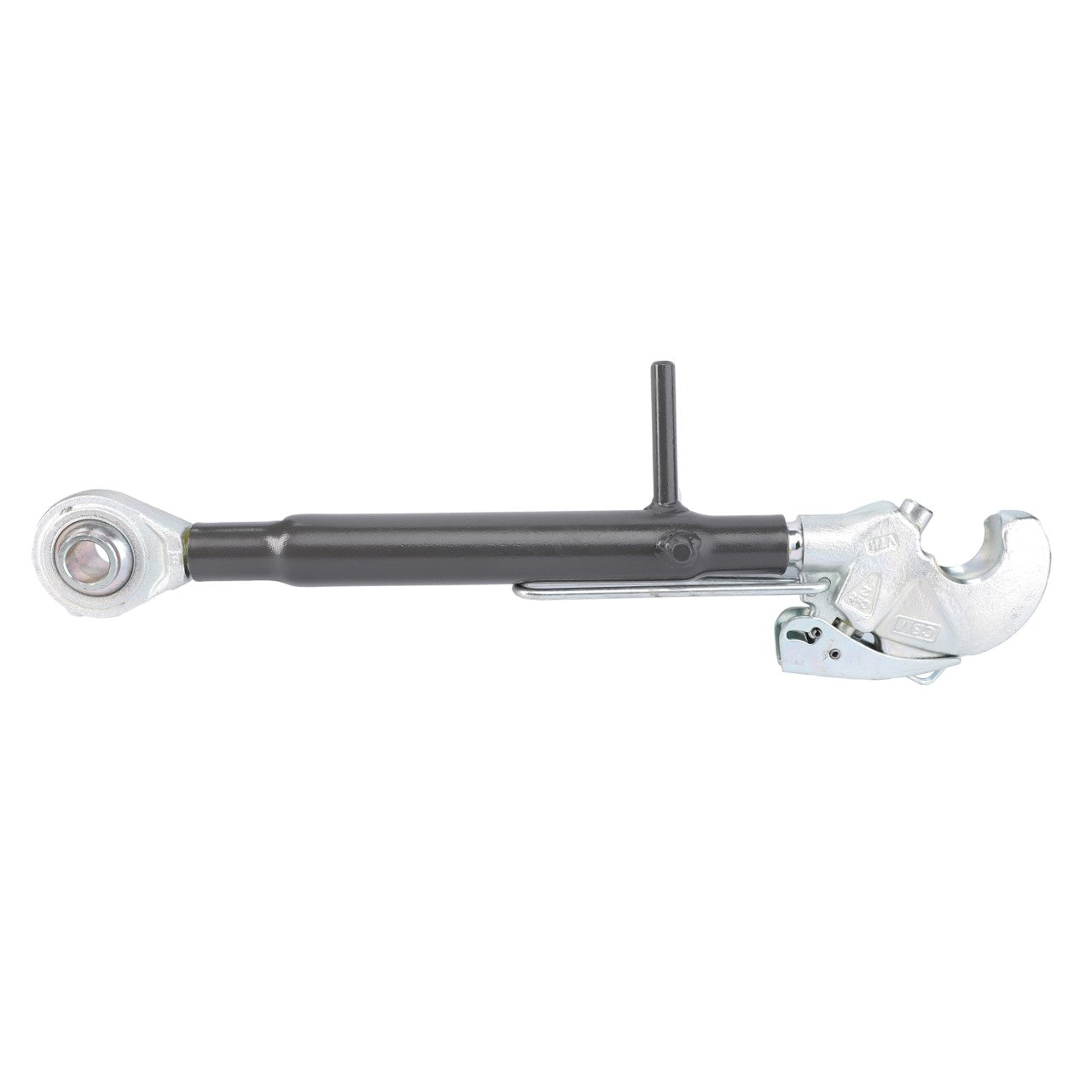 A top link with a hook end, featuring a hydraulic mechanism and a black handle. One end has a rotating joint, and the other end includes a crimping clamp compatible with AGCO Parts for Fendt Models, branded as AGCO | Top Link, Hook End - G737921050020.