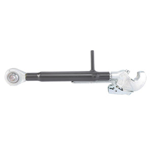 A top link with a hook end, featuring a hydraulic mechanism and a black handle. One end has a rotating joint, and the other end includes a crimping clamp compatible with AGCO Parts for Fendt Models, branded as AGCO | Top Link, Hook End - G737921050020.