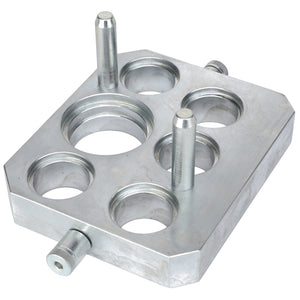 The AGCO CONNECTOR PLATE - ACW0538800 is a rectangular metal plate with five circular holes and three cylindrical pegs protruding from the surface. Currently, no additional product description information is available.