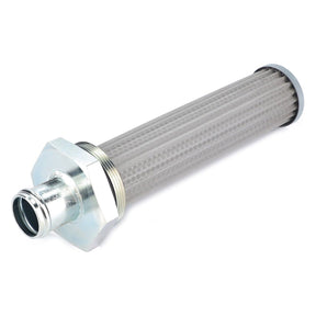 Image of the AGCO Hydraulic Filter Cartridge - 519938D1, a metal cylindrical hydraulic filter cartridge with a hexagonal attachment point and threaded end. The filter boasts an exterior mesh pattern and a beveled nozzle on the opposite end, designed to enhance equipment service life in hydraulic systems.