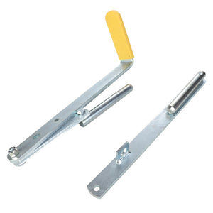 AGCO | KIT - AL5220272 consists of two metal lever arms with a pivot mechanism and a yellow handle. One arm is equipped with a small rectangular bracket. Both are designed for mechanical applications.