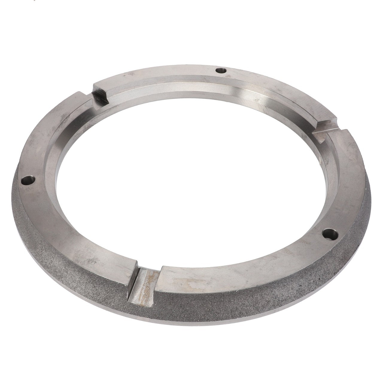 The AGCO Brake Plate - 3790013M4, a metal machine part featuring notches, holes, and a grooved outer edge, is likely designed for industrial use in Massey Ferguson models.