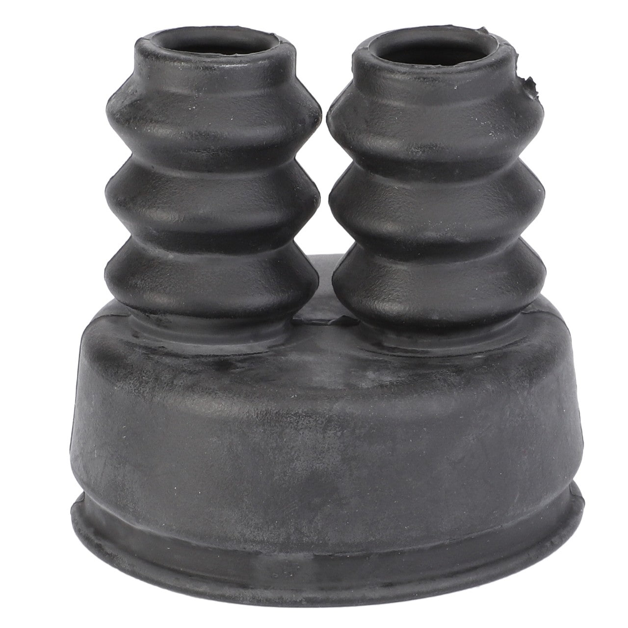 The AGCO | RUBBER SHIELD - V30420700, a black rubber grommet with two ribbed cylindrical extensions side by side, is expertly designed for sealing and protecting wires or cables, ensuring durability and efficiency.