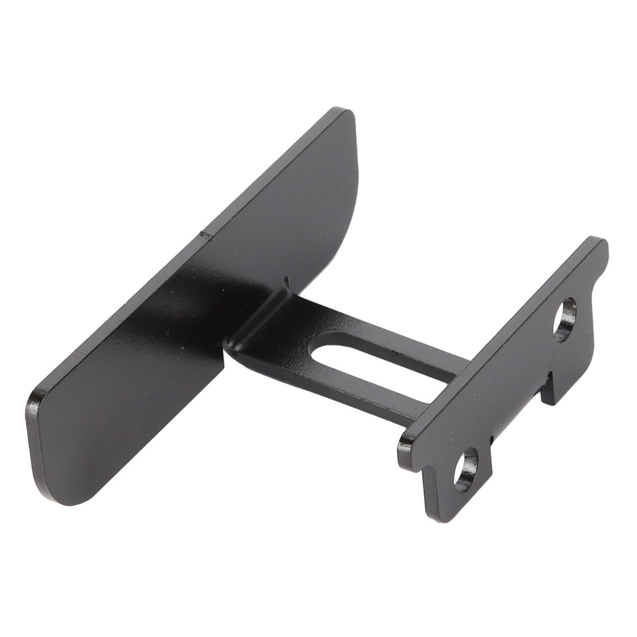 Introducing the AGCO Bracket - Acw040688A by AGCO: a black metal bracket featuring two mounting holes on one end and a flat, curved surface on the other. Note: Product description details are currently unavailable.