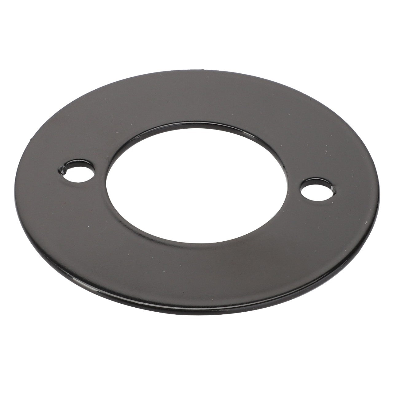 The AGCO | FLANGE - V30930700 is a metallic, circular washer with a large central hole and two smaller holes on either side.