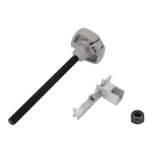 The image displays the AGCO Adjusting Lever (F248500031070), featuring a grey threaded rod with a clamping mechanism, a metal bracket, and a nut, set against a white background. The product is branded by AGCO.