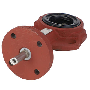 There is currently no product description available for the AGCO BUTTERFLY VALVE - AG518486, a red industrial machine component with a circular base, a protruding shaft, and three visible holes for mounting.