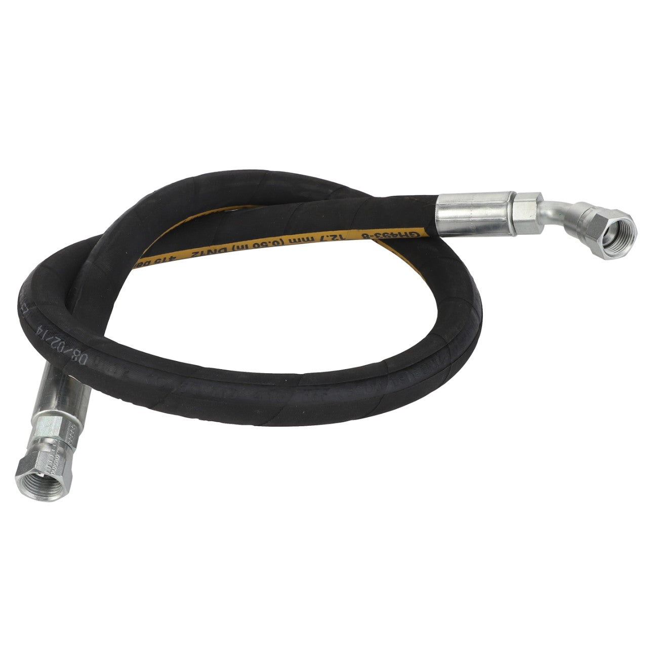 No current product description information is available for the AGCO Hydraulic Hose (D46150582), a coiled black hydraulic hose with metal fittings on both ends.