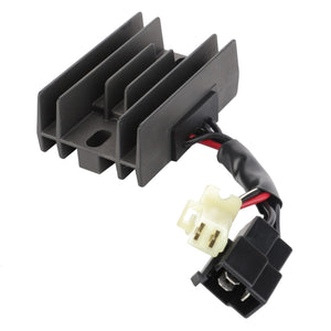 The AGCO | REGULATOR - ATV3530-014 is a sleek black electronic component with distinctive fins and an attached wiring harness, featuring both a white and a black plug.