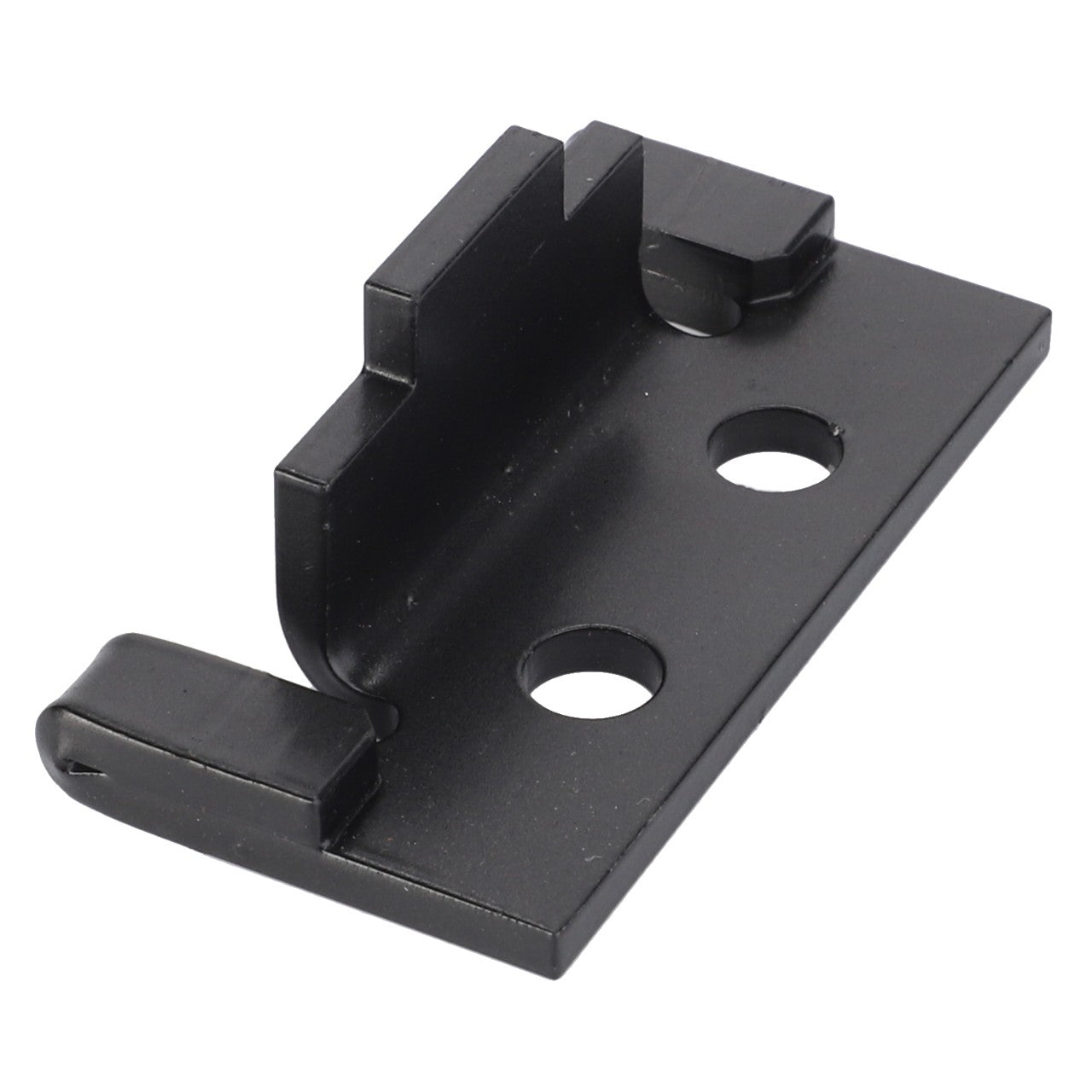 A black metal bracket branded as AGCO, known as the STRAP - D28885852, featuring two round holes and two raised hooks on either side. No current product description information is available.