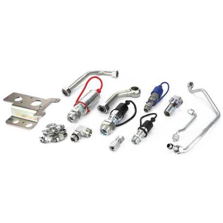 A collection of AGCO Power Beyond Kit - Acp0662430 metal hydraulic fittings and components, including brackets, hoses, and connectors for Massey Ferguson models, arranged on a white surface.