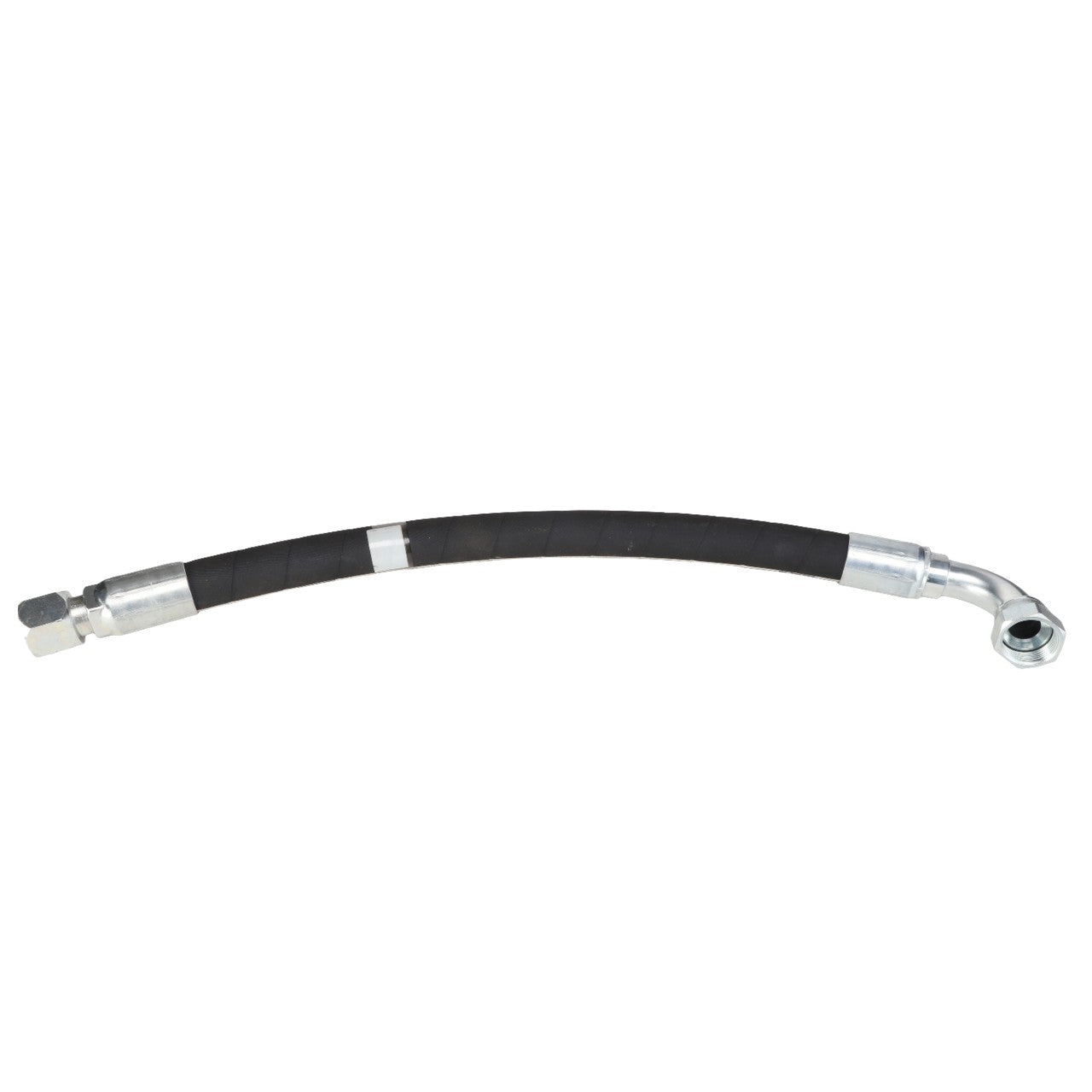 Introducing the AGCO Hydraulic Hose (AG333448), a black hose equipped with metal fittings on both ends—one straight and one bent at a right angle—from the trusted brand, AGCO. Further product description information is currently unavailable.