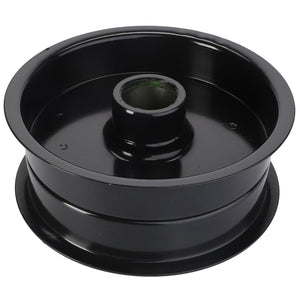 The AGCO PULLEY, TENSIONER - D26736029 is a black metal component with a central cylindrical hub, characterized by its smooth edges and robust design, making it ideal for mechanical applications.