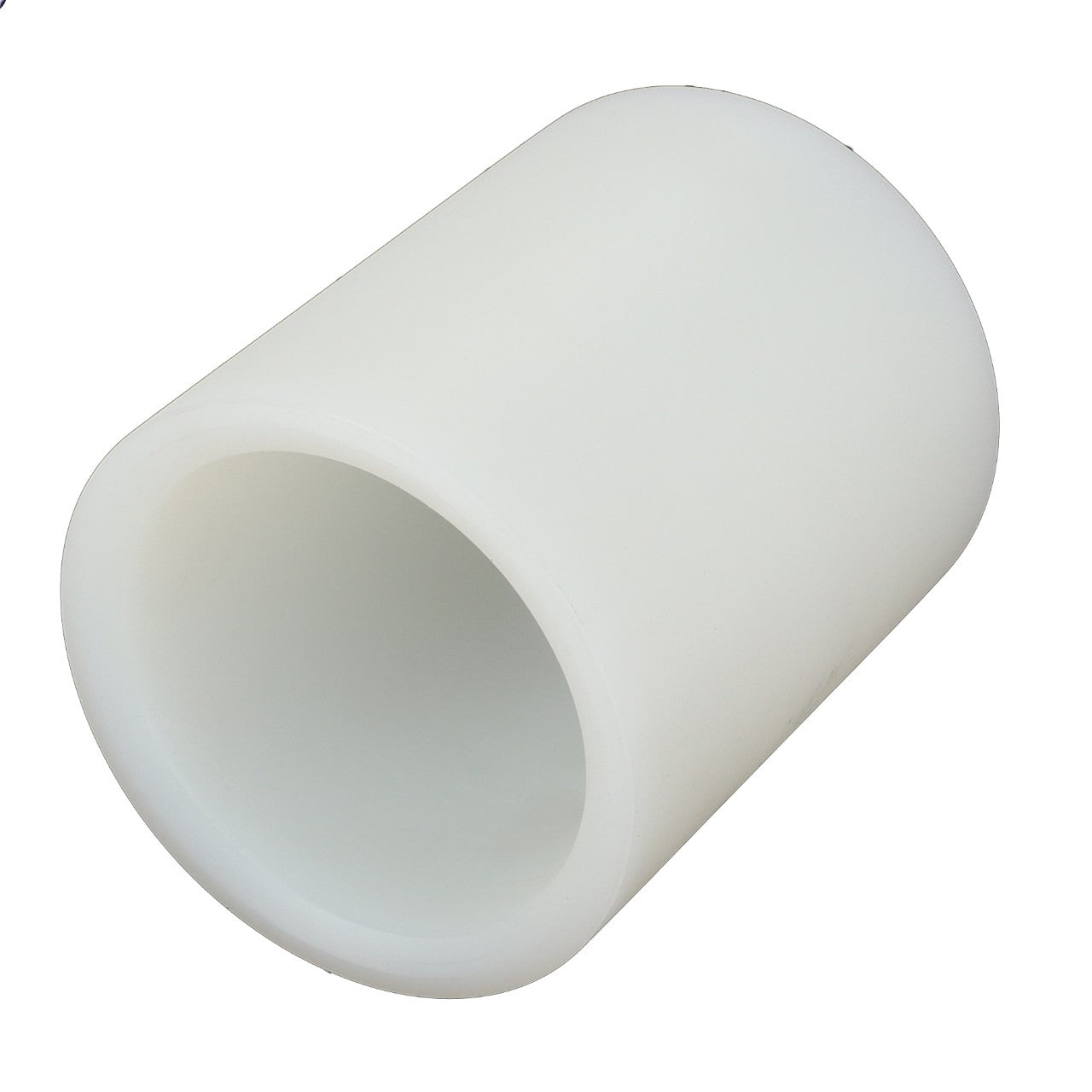 An AGCO Bushing - 816860030040, resembling a cylindrical white plastic tube with a hollow center, is displayed at an angle on a plain white background.