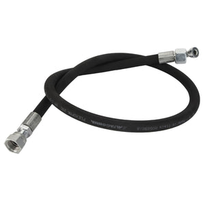 The AGCO Hydraulic Hose - Acw074966A is a black, flexible, abrasion-resistant hydraulic hose that features metal fittings on both ends—one with a straight connector and the other with an angled connector. The high-performance hose displays manufacturer information.