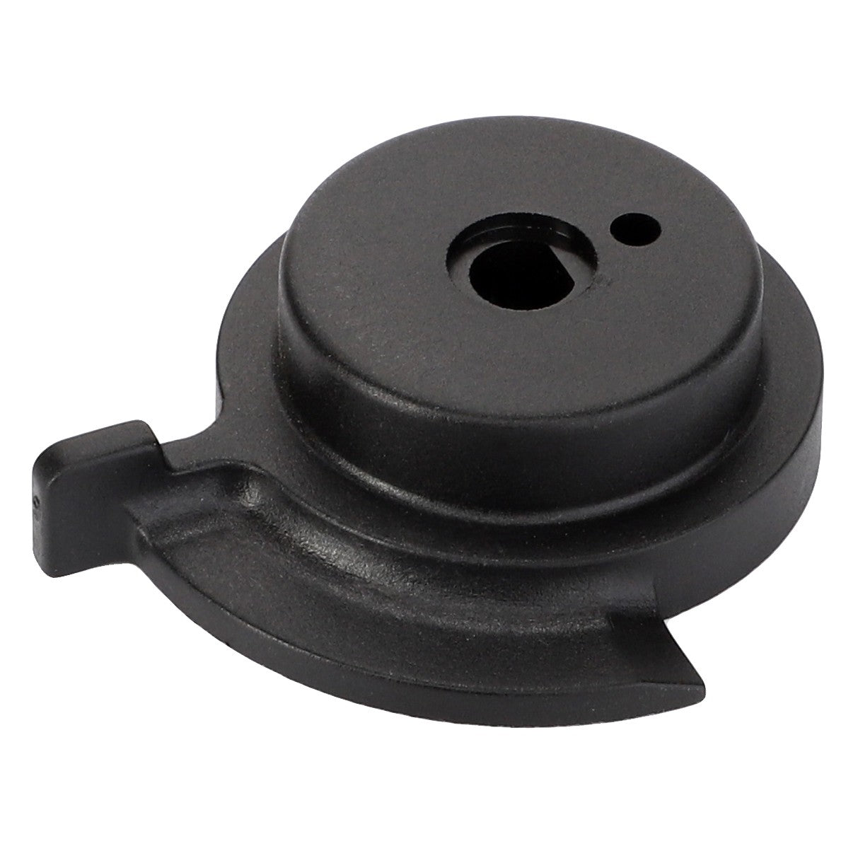 No current product description available for the AGCO Adjusting Knob (product code F246860100060) in black, featuring a round body with a small protruding section on one side and two circular openings on its surface.