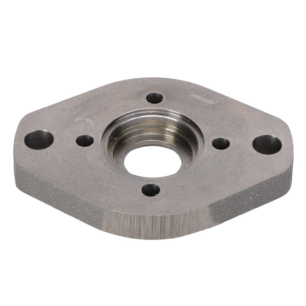 Introducing the AGCO | FLANGE - AG126826, a metal flange designed with a central threaded hole and three symmetrically arranged unthreaded holes.