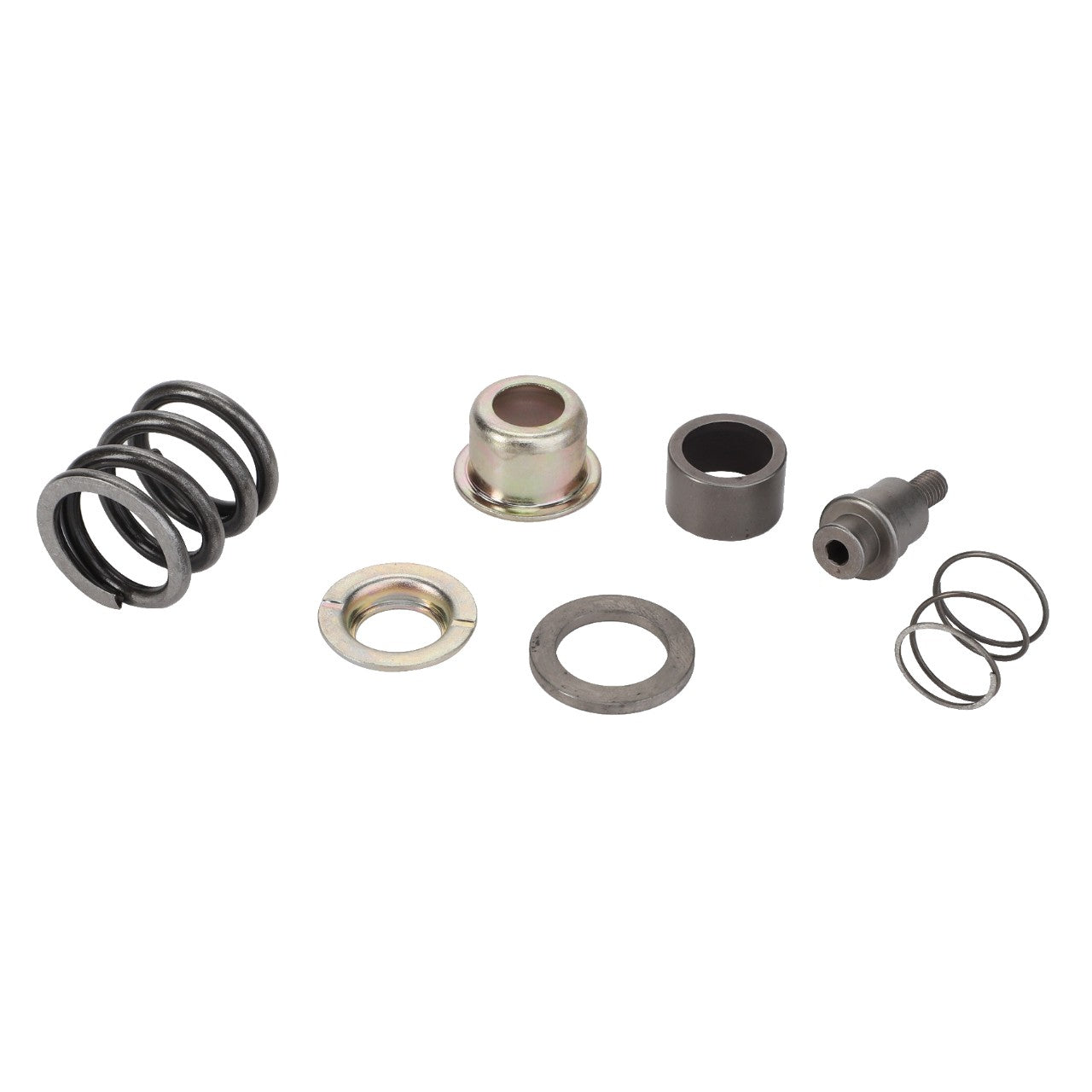 AGCO's meticulously arranged metal mechanical components, including springs, washers, bushings, and the AGCO SPOOL - AL10570086, displayed on a pristine white background.