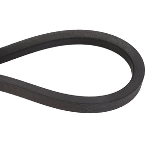 AGCO | V BELT - D41992700: Close-up of a black rubber V-belt from AGCO, looped into a teardrop shape with a textured surface and visible edges.