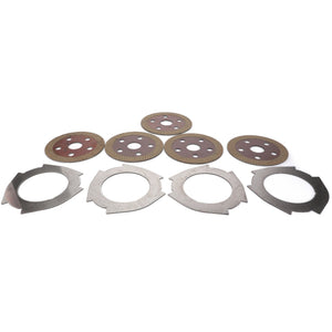 The AGCO Repair Kit, Brake Disc - 4311469M91 includes a set of eight circular clutch plates with various cutouts, consisting of four metal plates and four friction plates, arranged in a row and compatible with Massey Ferguson models.