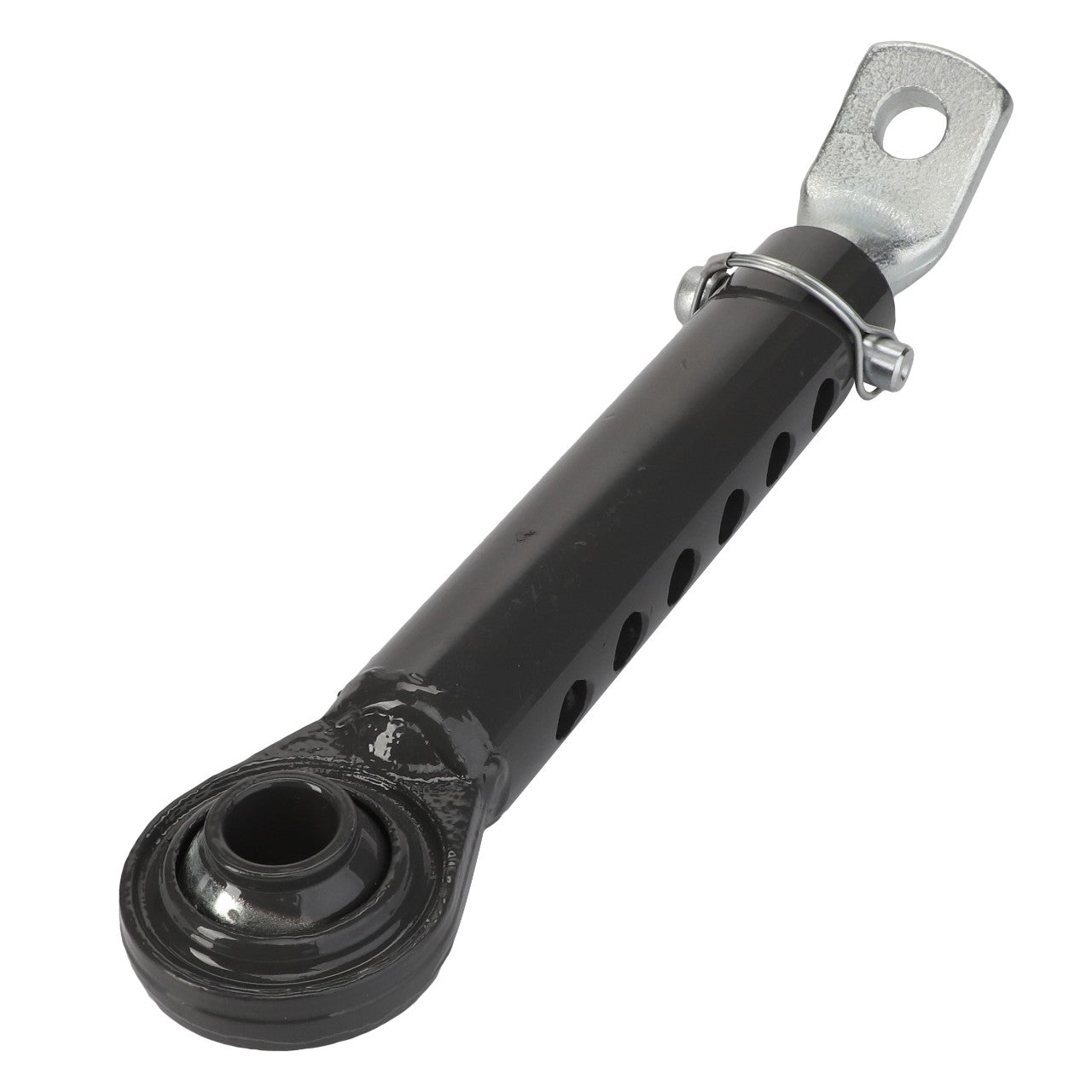 Introducing the AGCO | Stabilizer - Acw056882A, a durable black adjustable linkage rod featuring perforations and a sturdy metal attachment loop at one end, designed for versatile use.