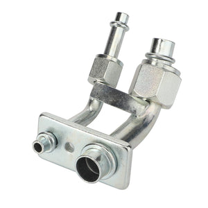 The AGCO Union - Acw0214410 is a metallic fitting featuring multiple connectors and a mounting plate, specifically designed for use in fluid or gas transfer systems. Currently, no additional product description information is available.