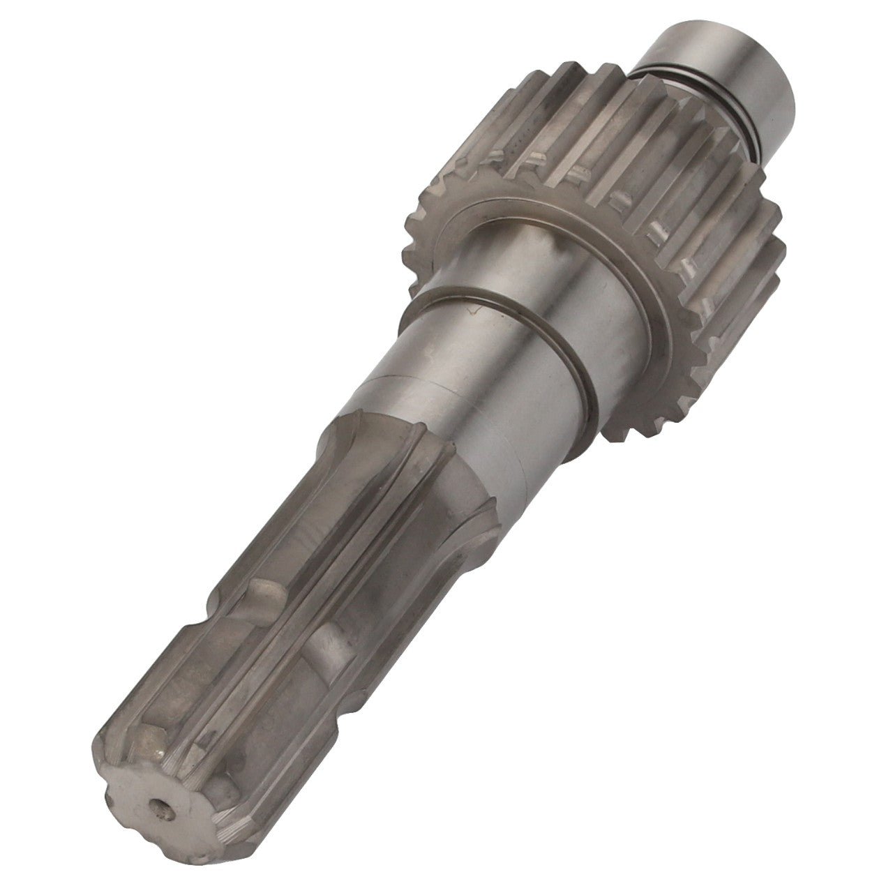 Introducing the AGCO | Shaft - Acp0418340, a precision-engineered metal machine part from AGCO, featuring gear teeth and a cylindrical body, perfect for various mechanical or automotive applications.