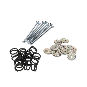 A collection of items from the AGCO | Parts Pack - 1810654M91, including metallic hex bolts, coiled black springs, and round washers, reminiscent of Massey Ferguson machinery, is arranged on a white surface.