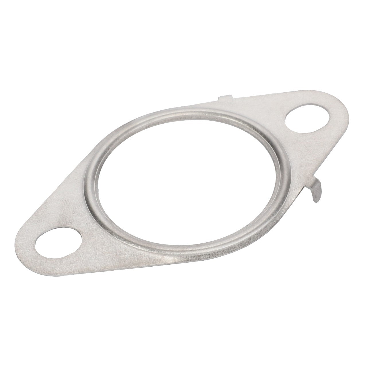 Introducing the AGCO Gasket - Acw2921090: A silver metal gasket featuring a round central opening and two outer holes for easy mounting.