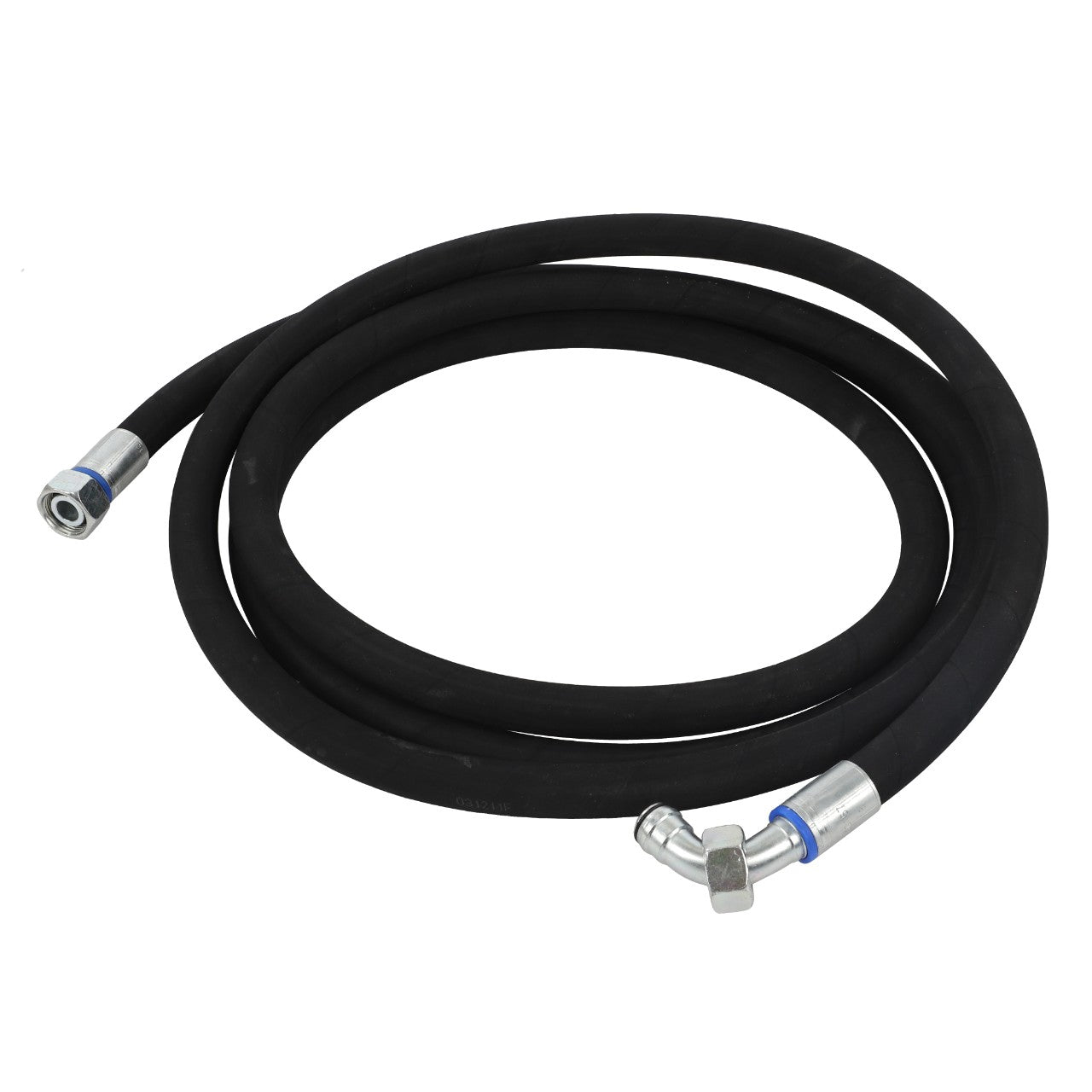 A coiled black AGCO hydraulic hose (D45130157) featuring metal fittings on both ends—one straight and one angled. Currently, no product description information is available.