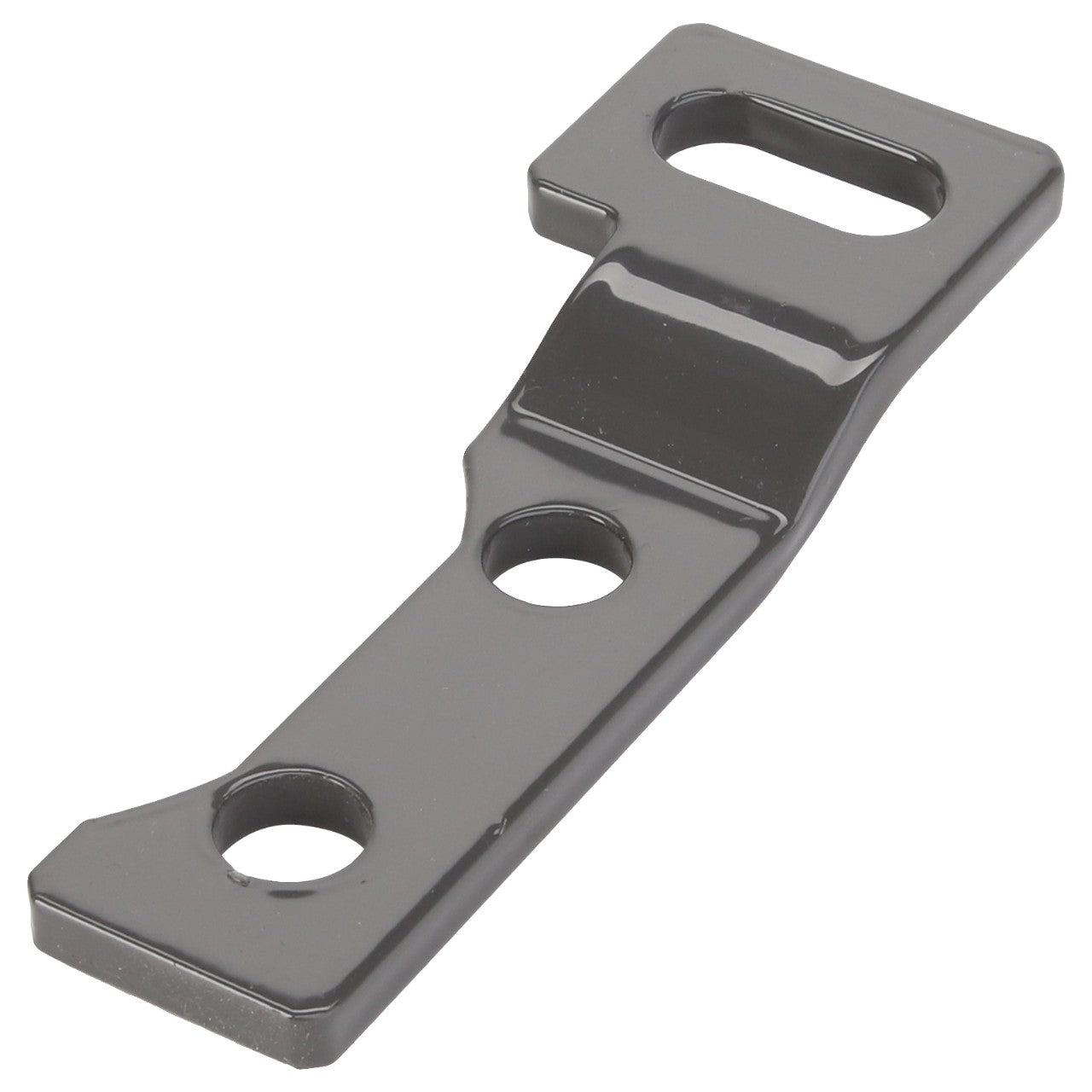 The AGCO BRACKET - D28188004 is a sturdy, metallic bracket with three precise holes, including one elongated slot, engineered for secure fastening or mounting.