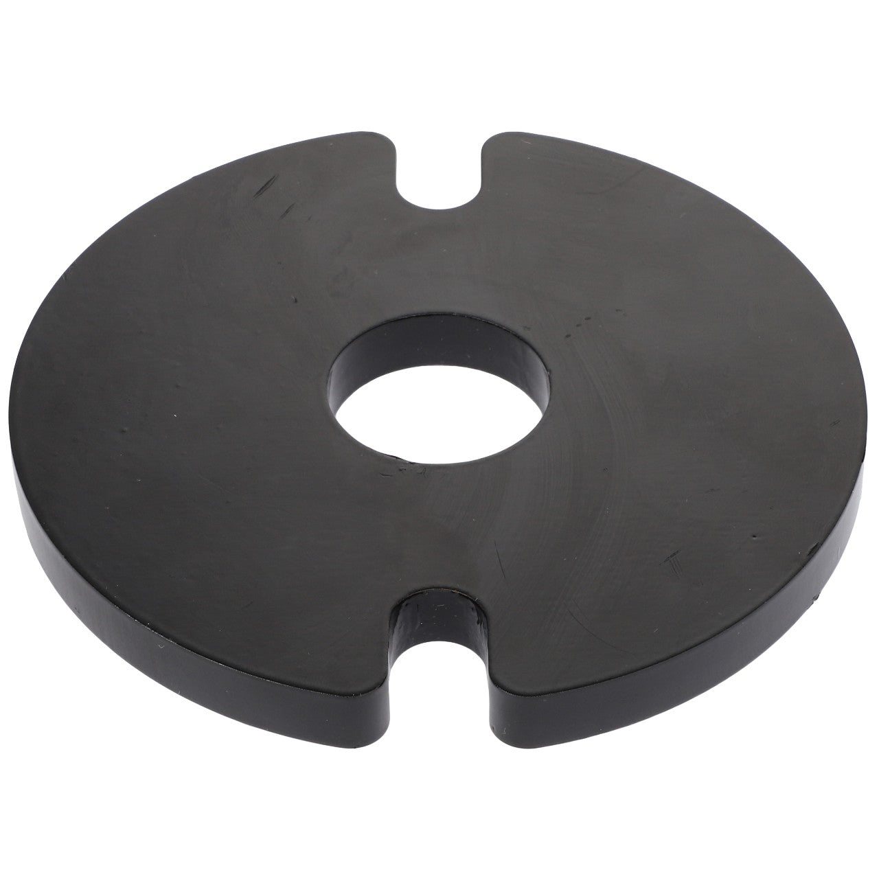 The AGCO WASHER - E65021 is a flat, circular black disc featuring a central hole and two small notches positioned on opposite sides. Currently, no additional product description information is available.