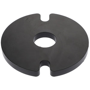 The AGCO WASHER - E65021 is a flat, circular black disc featuring a central hole and two small notches positioned on opposite sides. Currently, no additional product description information is available.