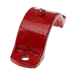 No current product description available for the AGCO Clamping Cap - Acp0015650, a red-painted metal bracket designed with a bolt and a hole for mounting.