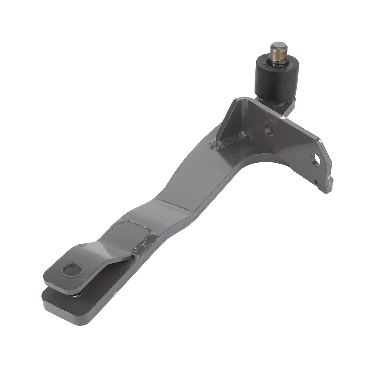 The AGCO Left Hand Arm - Acw0943300 is a gray metal mechanical part with a curved design. It features a bolt and cylindrical component at one end and two holes at the other end.