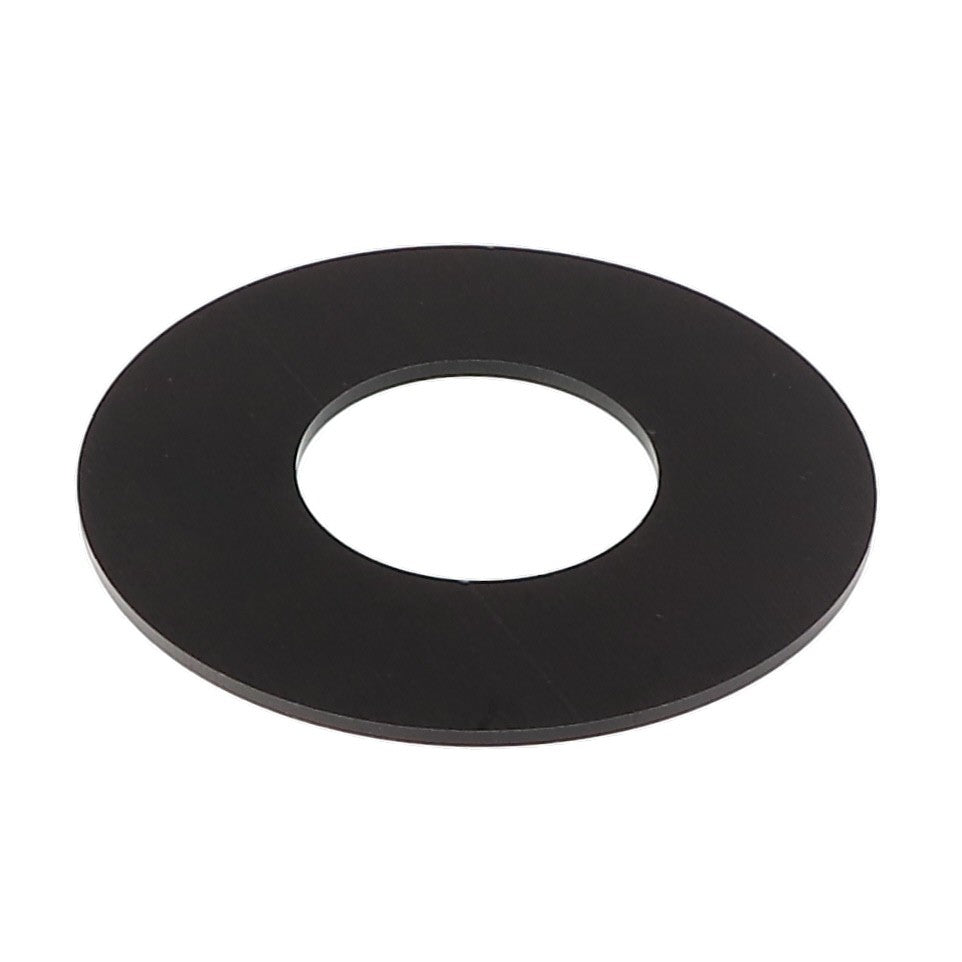 The AGCO WEAR PAD - SN19471, a flat, black, round washer with a central hole, is commonly used in mechanical and structural applications.