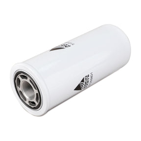 The AGCO Filter Element - 512558D1 is a white, cylindrical automotive oil filter with a metal base and threading for attachment, featuring printed text and logos on its surface. It is suitable for Massey Ferguson machinery.