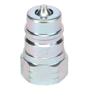 Close-up of the AGCO QUICK COUPLER - AL5045016, a metallic hydraulic quick-connect fitting with a threaded end designed for securely and efficiently connecting fluid transfer lines. Compatible with various machine sizes, this AGCO quick coupler ensures a reliable connection.