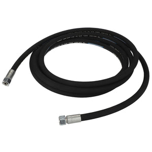 A coiled black hydraulic hose with metal connectors on both ends. Product Name: AGCO Hydraulic Hose - Fel150394 by AGCO. No current product description available.