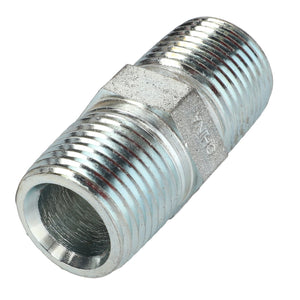 A close-up view of the AGCO Adapter - Acp0019130, a metal hex nipple fitting with male threaded ends on both sides, designed for connecting two female-threaded pipes. No current product description available for this adapter from AGCO.