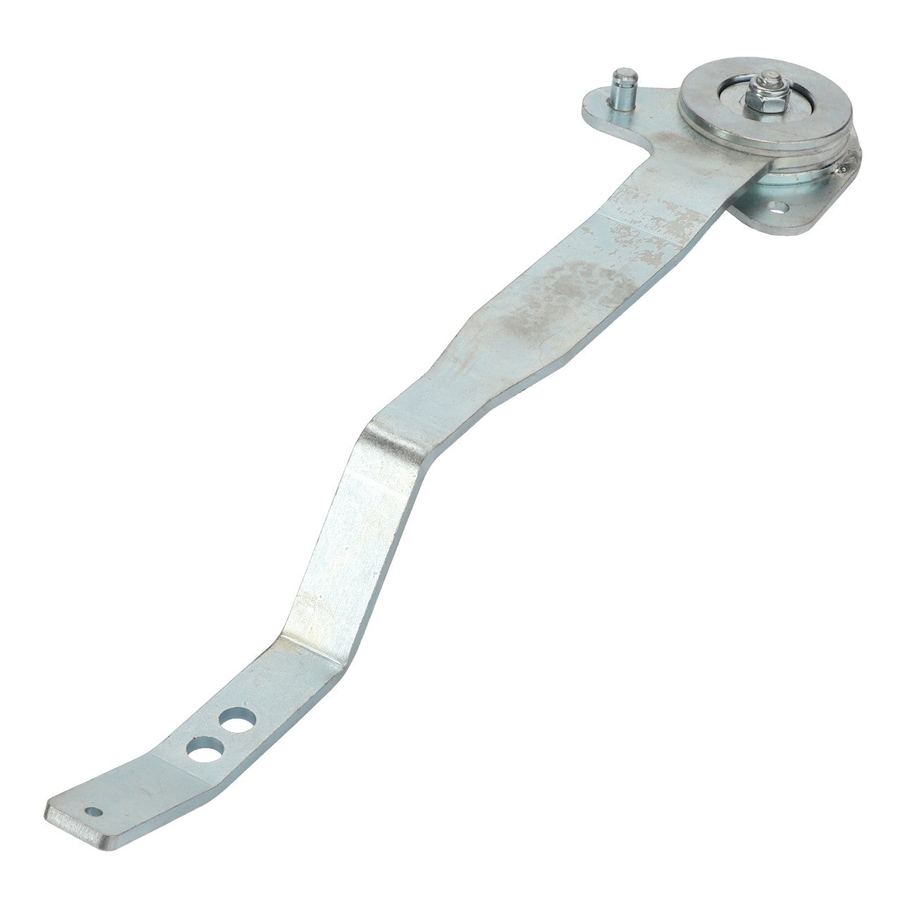 The AGCO Lever - Acp0667220 is a metal bracket with a curved arm and circular pivot point, featuring two precisely drilled holes and a thoughtfully bent section.