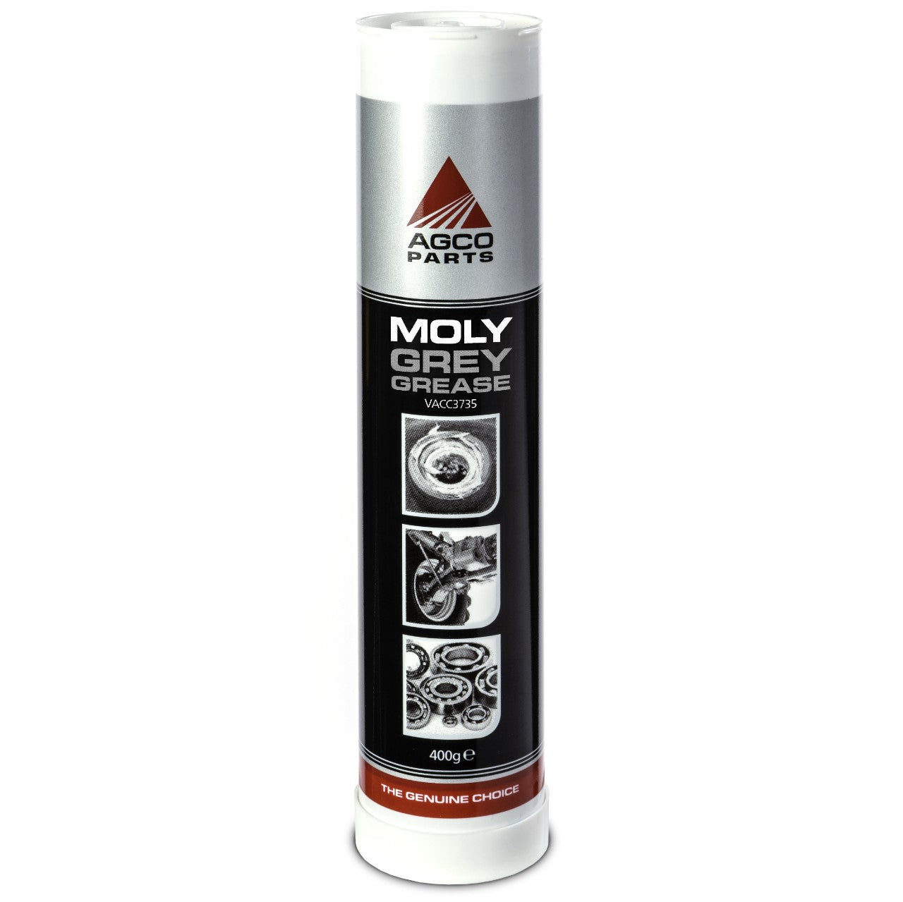 A cylindrical container labeled "AGCO Parts Moly Grey Grease 400G - Vacc3735" showcasing images of machinery components. Featuring Molybdenum Disulphide for optimal performance under high load conditions, this silver and black product from AGCO has a net weight of 400g.